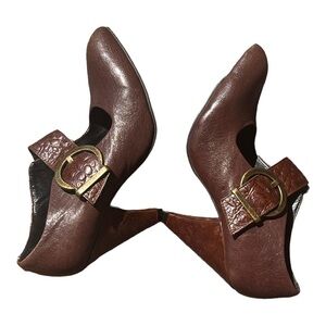Paco Pacogil 8B Leather Embossed Retro Mary Jane Pump w/Cone Heel